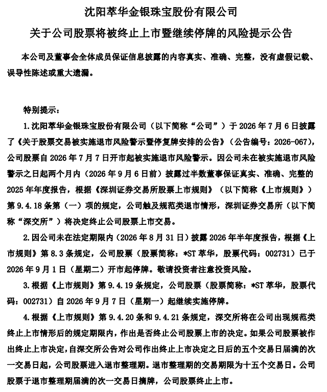 *ST萃华：未在9月6日前披露2025年年报 触及规范类退市情形